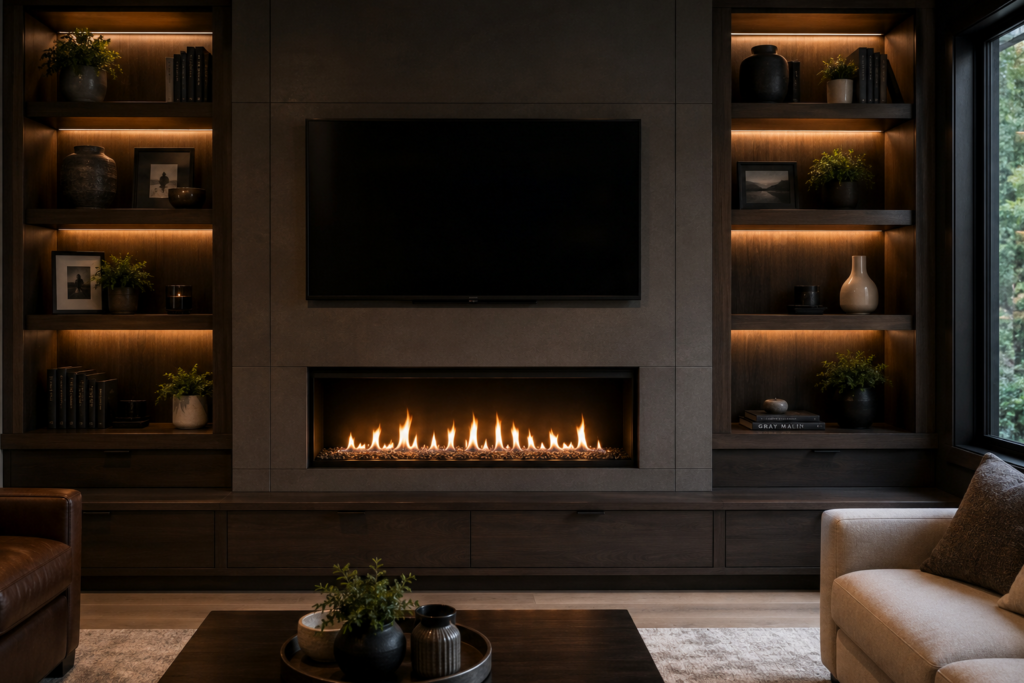 4. Built-In Fireplace with Shelving