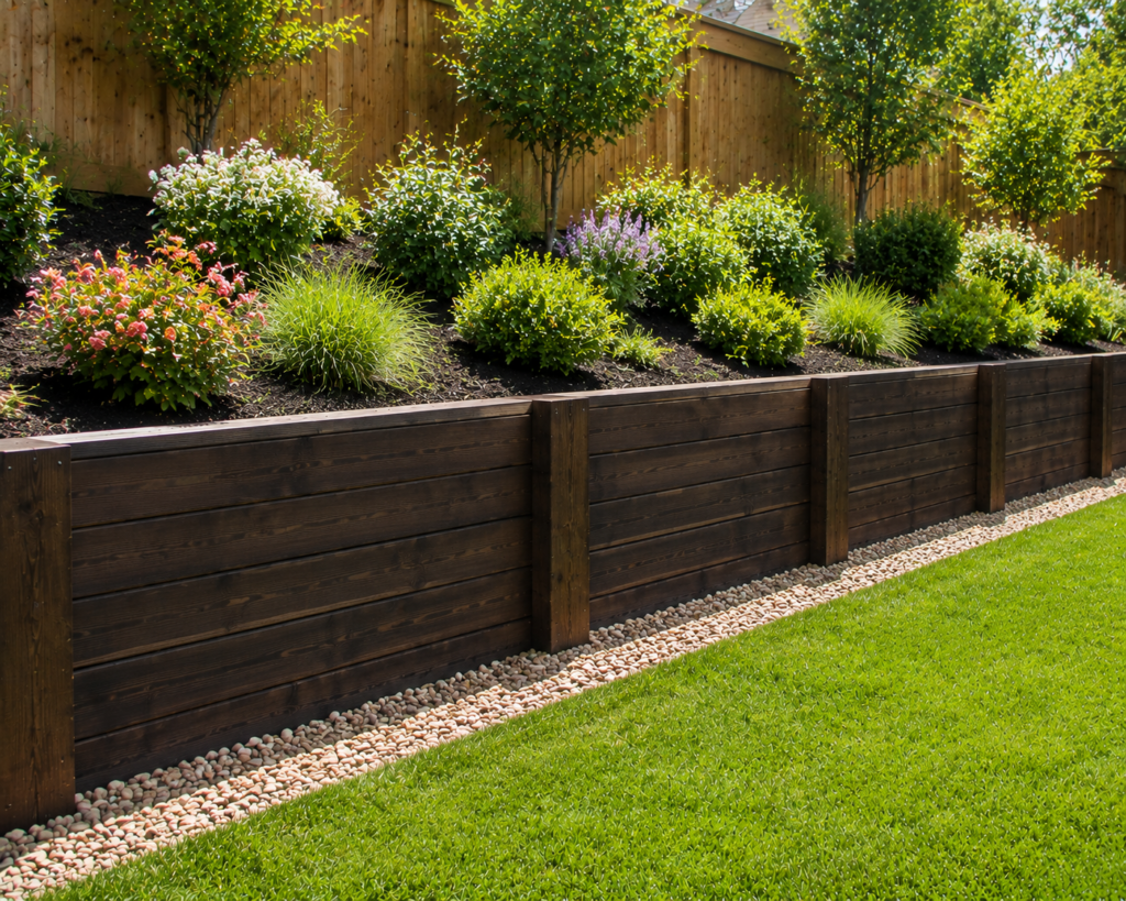 7. Dark Stained Wood Retaining Wall