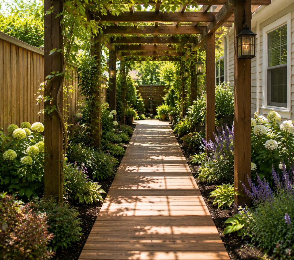 8. Pergola-Covered Wooden Walkway