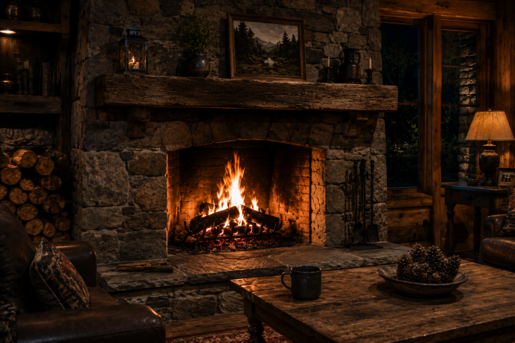 9. Rustic Wood-Burning Fireplace