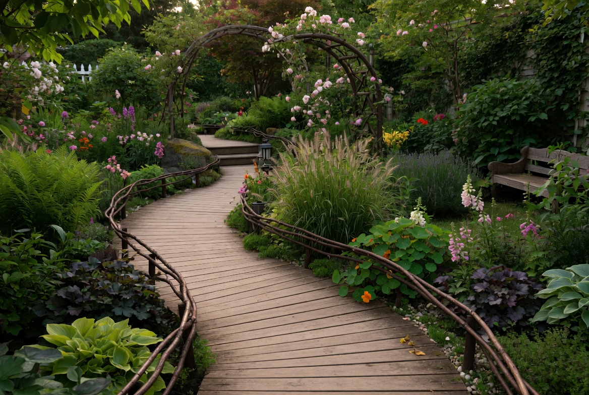 Charming curved wooden walkway winding through lush garden with plants