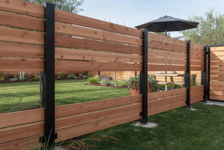 Beautiful horizontal cedar wood fence with black posts modern backyard