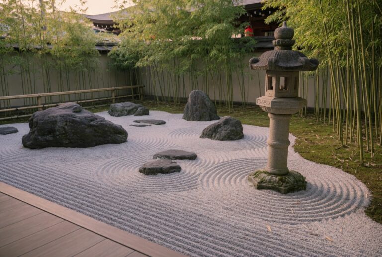 Peaceful zen garden with raked gravel stones bamboo and stone lantern