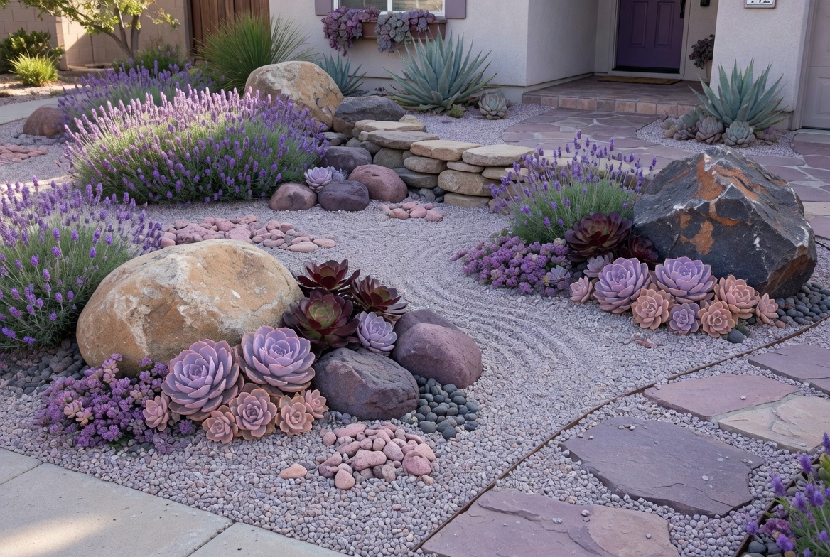 Stunning xeriscape front yard with lavender succulents gravel and boulders