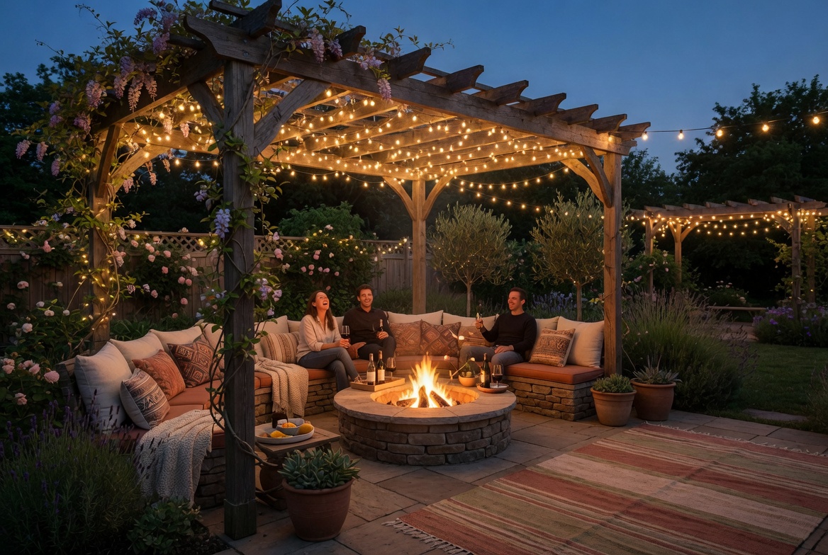 Beautiful outdoor living space with pergola fire pit seating and string lights