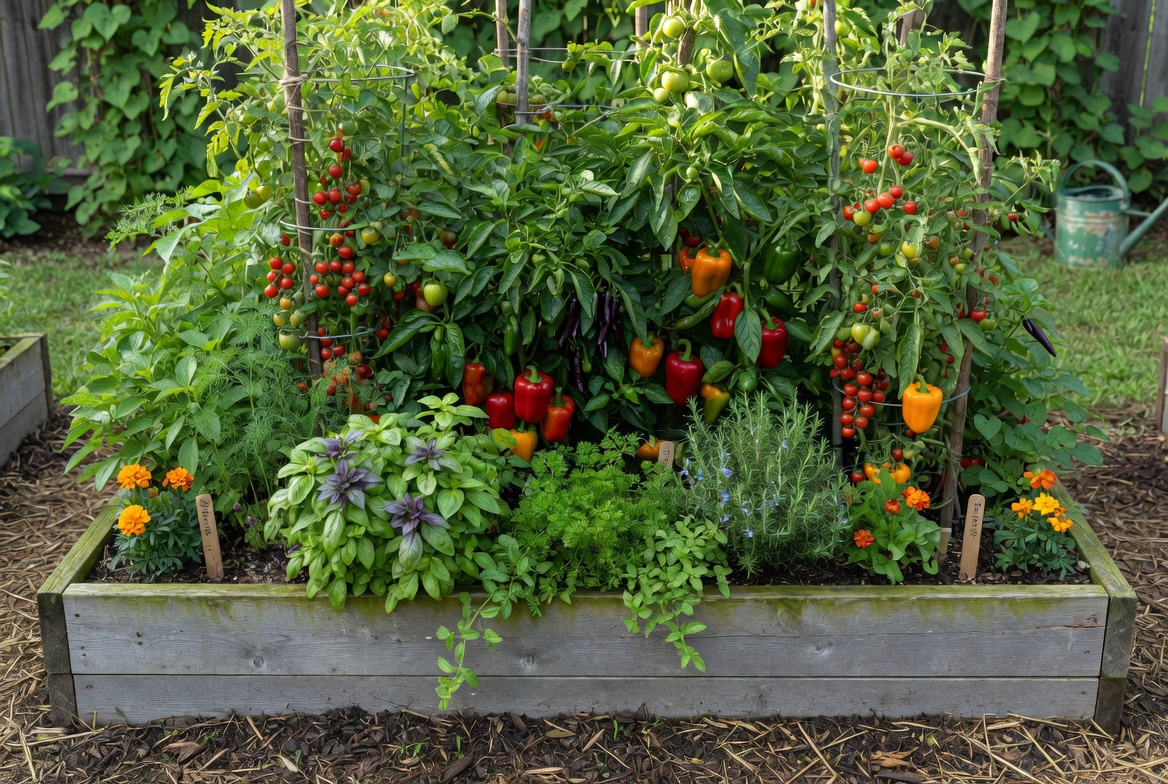 Lush raised bed vegetable garden with tomatoes peppers and herbs growing