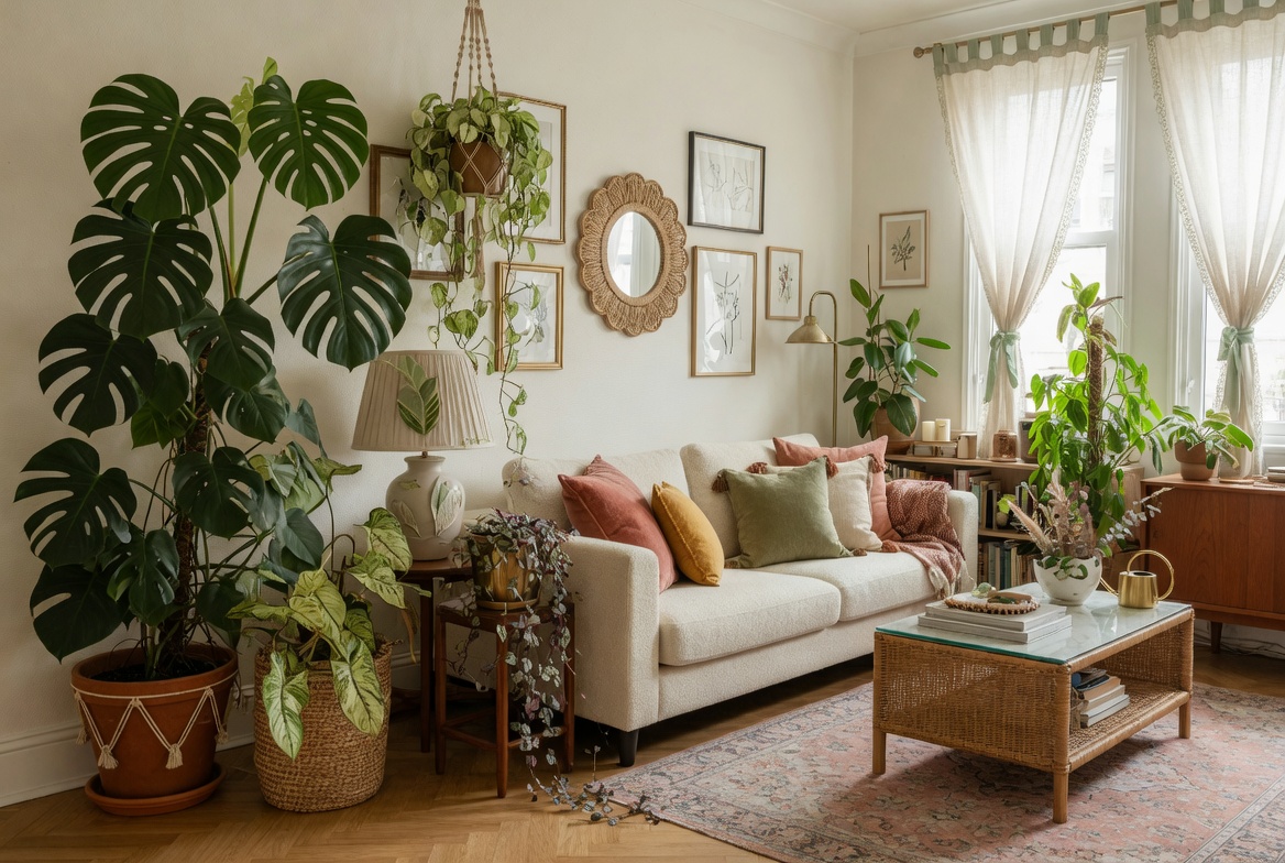 Beautifully decorated living room with large monstera fiddle leaf and trailing plants