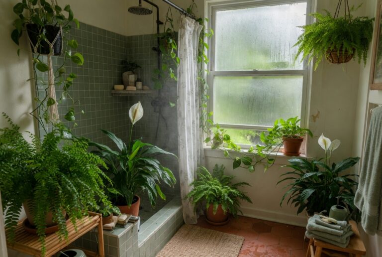 Lush bathroom with ferns peace lily and pothos plants near shower window