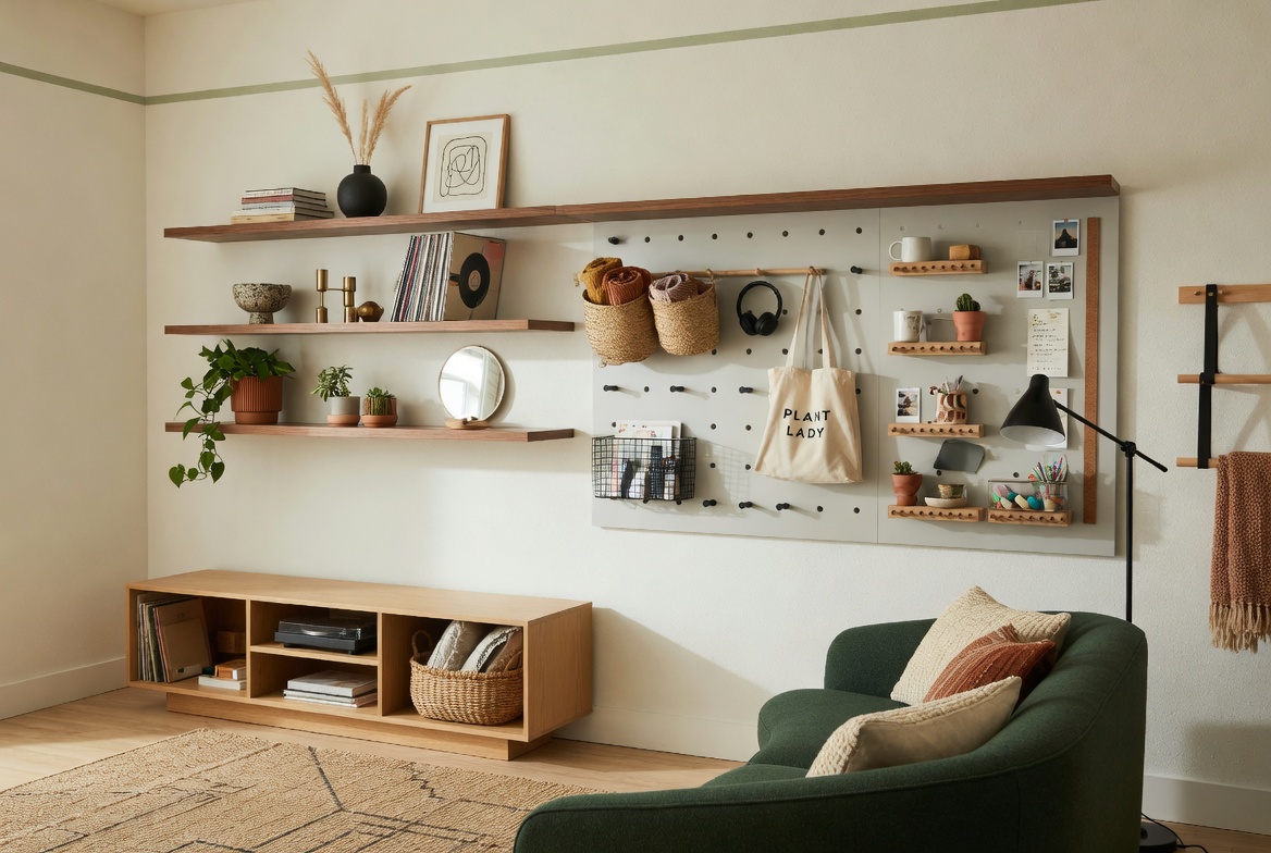 Modern living room with floating shelves pegboard and wall storage solutions