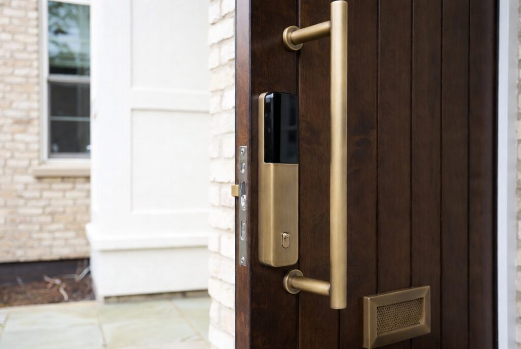Modern smart lock in brushed brass finish matching entry door hardware