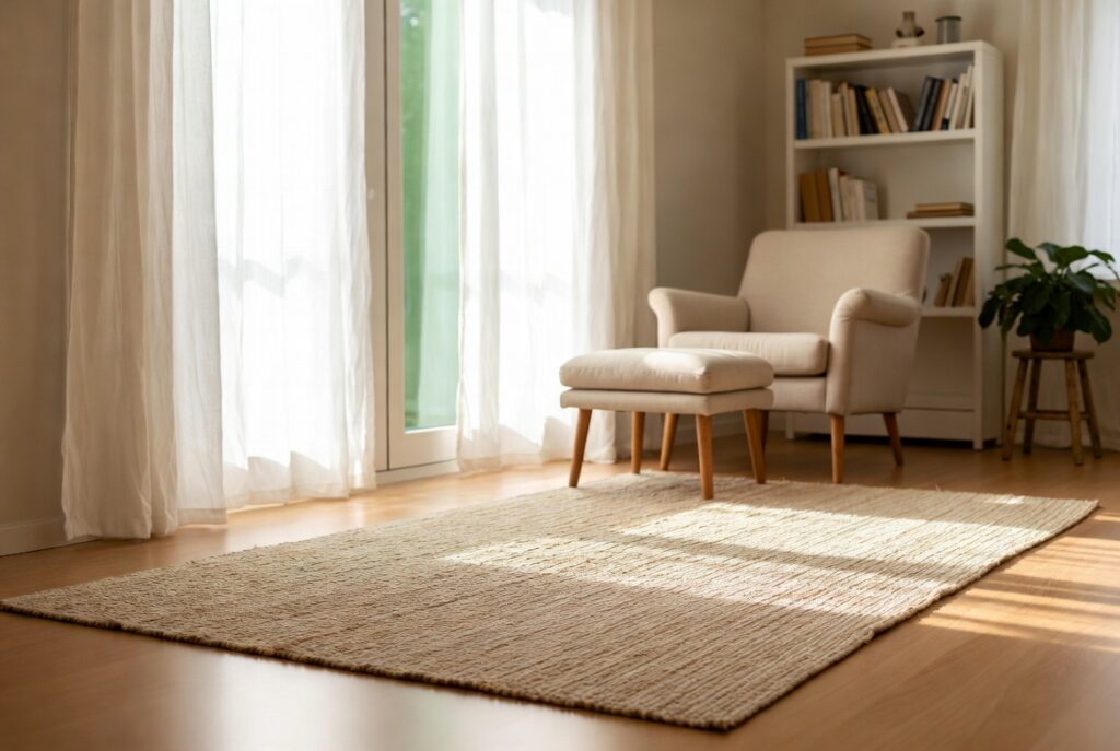 Bright living room with light jute flatweave rug on wood floors and airy furniture, soft natural light