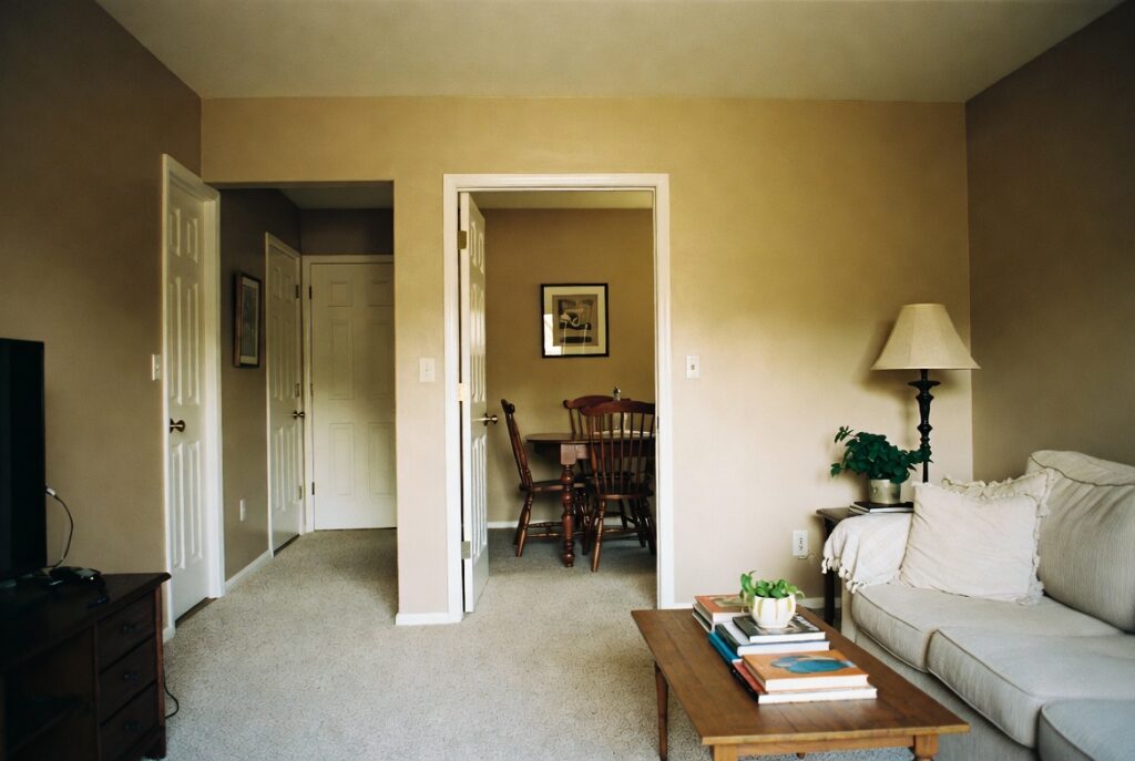 Cohesive home interior with consistent warm tone flowing from living room into adjoining spaces, natural light