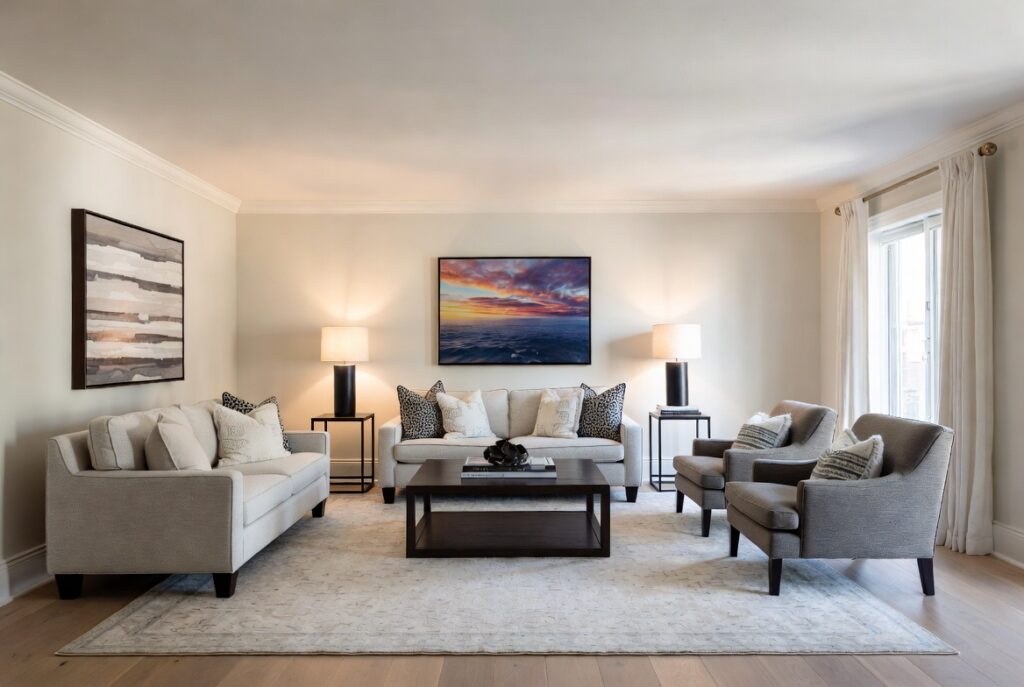 <img data-src="floating-furniture-living-room.jpg" alt="Why floating your furniture beats pushing it to the walls - Modern living room design showing the power of floating furniture arrangement. Comfortable sofa and armchairs pulled away from walls creating better conversation zones, improved traffic flow and a spacious luxurious feel. Professional interior design technique using floating sofas with rugs and tables in the center instead of pushing everything against walls. How floating furniture makes rooms feel bigger more inviting and professionally designed rather than cramped and flat.">