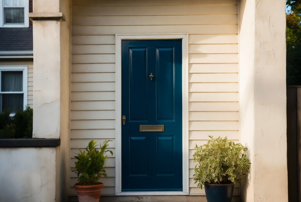 Alt Text: Modern home exterior with bold deep navy front door, warm cream siding, potted plants, natural afternoon light