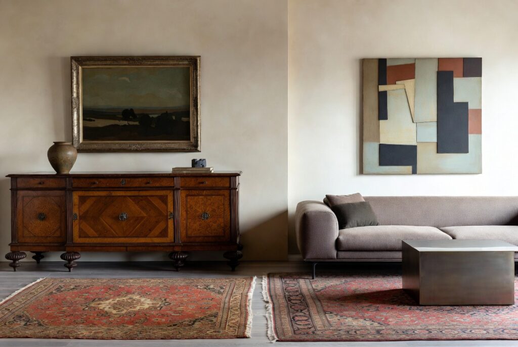 <img data-src="mixing-old-new-interior.jpg" alt="Mixing old and new without it looking like a mess - Expert interior design technique for successfully blending vintage antique furniture with modern contemporary pieces in one cohesive room. Beautiful living room featuring antique wooden cabinet, vintage rug and classic lamp mixed with sleek modern sofa, minimalist coffee table and contemporary art. Balanced eclectic styling tips that create character depth and timeless elegance without looking cluttered or chaotic. How to mix old and new furniture styles for a curated sophisticated home that feels collected not messy.">