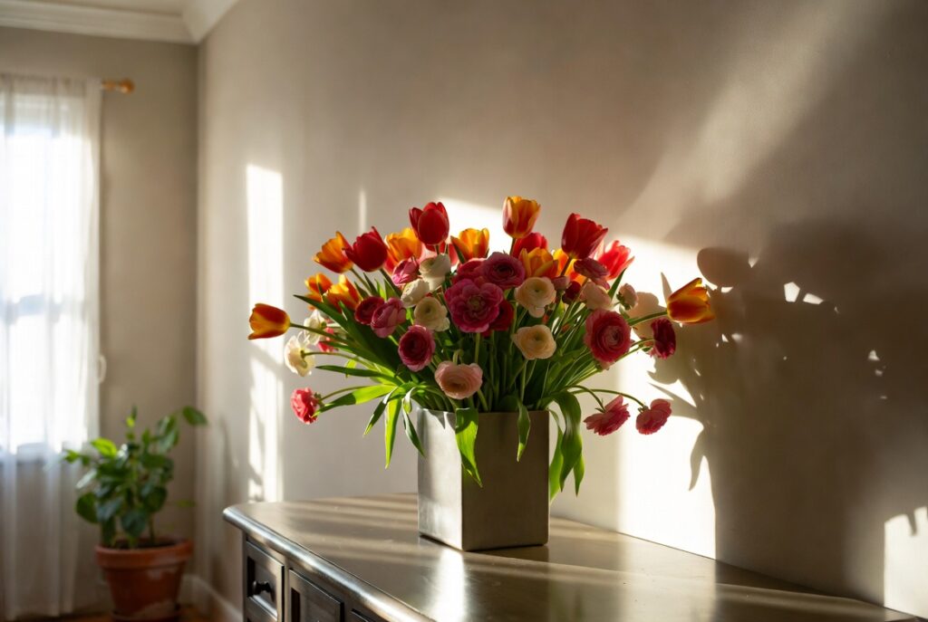Fresh vase of tulips and ranunculus on console table in bright airy room, soft morning light, candid shot