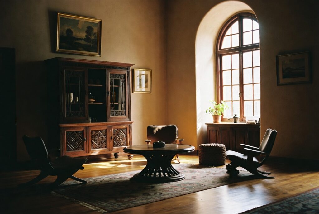 Modern heritage living room blending antique wooden furniture with sculptural contemporary pieces, warm light