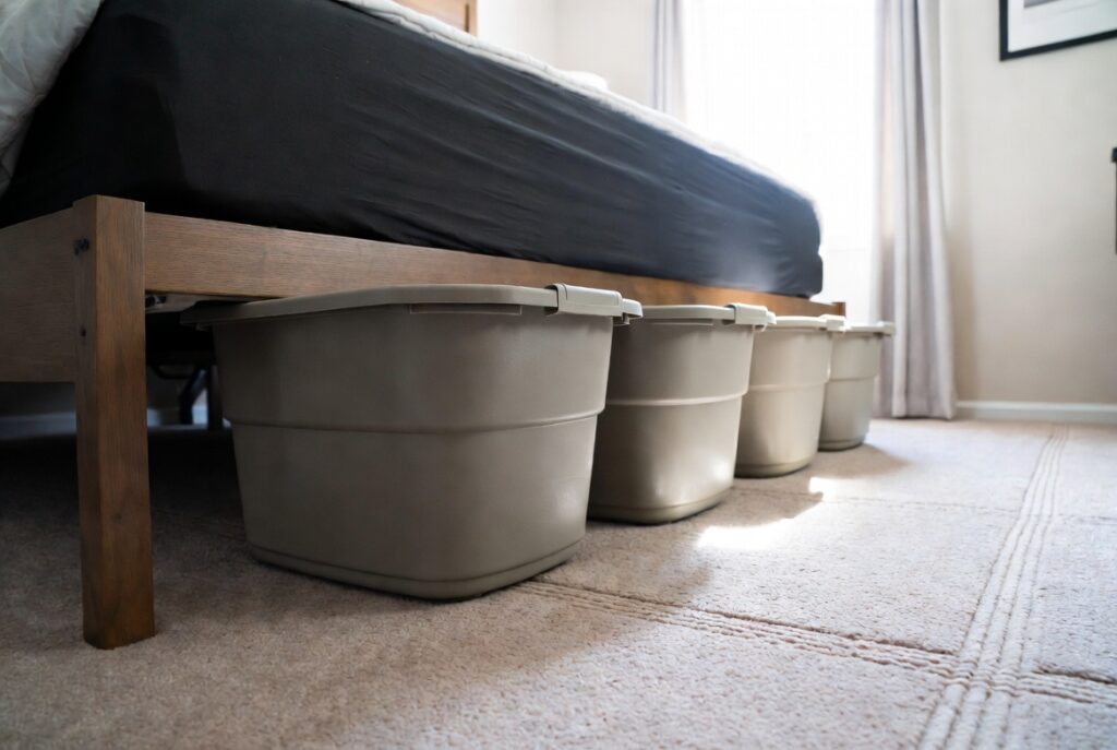 Under-bed flat storage bins pulled out from beneath a bed in tidy bedroom, natural window light, organized storage