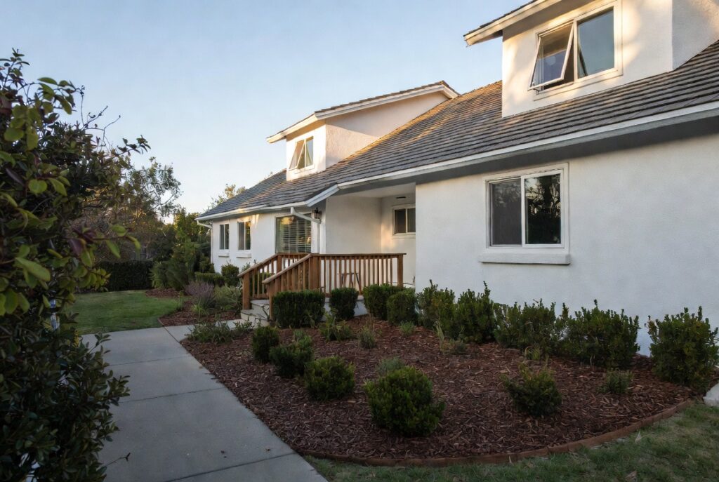Home exterior with neatly trimmed foundation shrubs, fresh dark mulch beds, and clear sightlines to windows, bright morning light