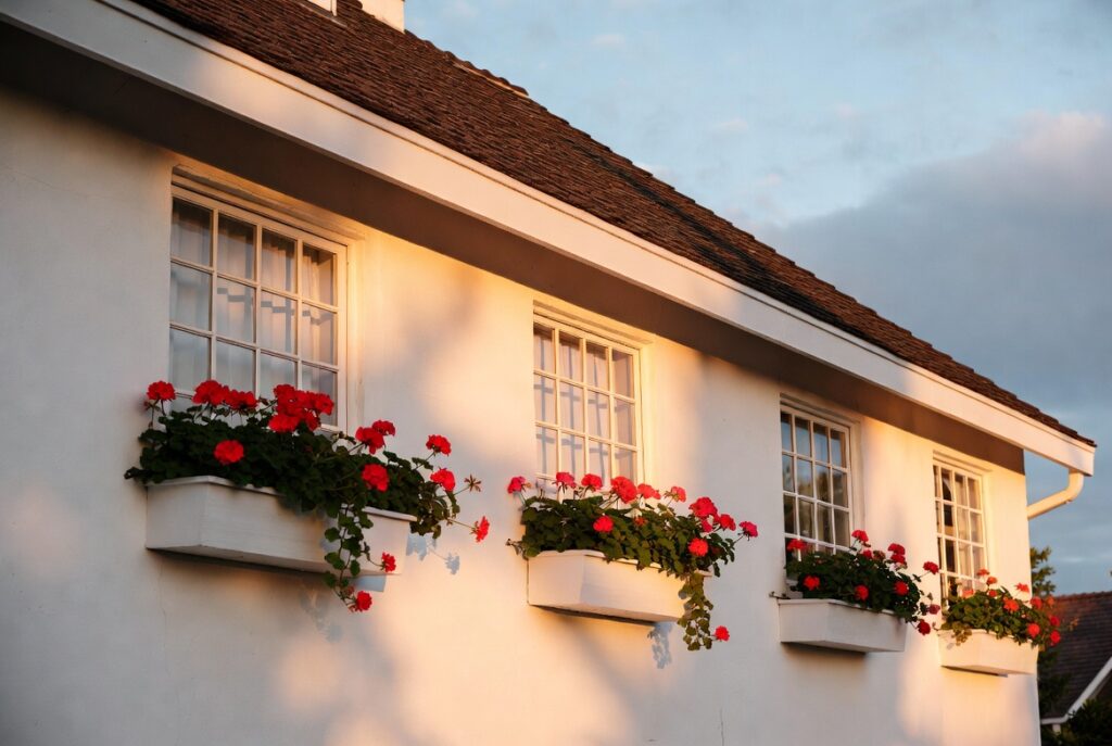 Charming home facade with white window boxes of trailing red geraniums under cottage windows, warm afternoon sun