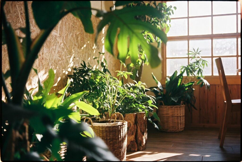 Plants surrounded by natural textures of woven baskets rattan and raw wood in calm biophilic living room, warm light