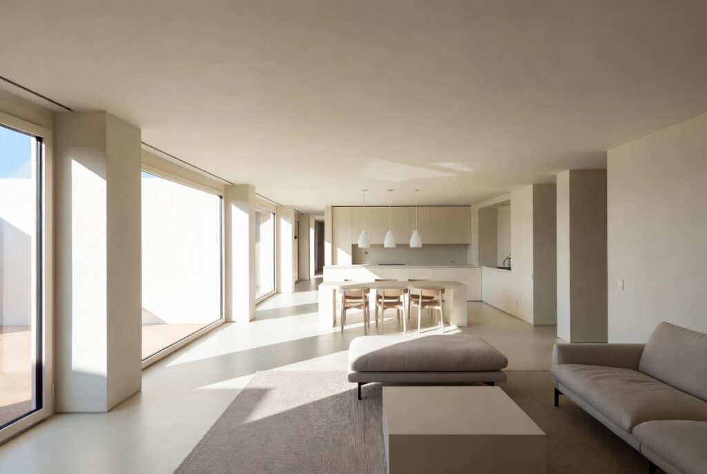 "Define zones in open plan small living space - Modern open concept room with area rugs and furniture defining living and dining zones while keeping spacious airy feel"