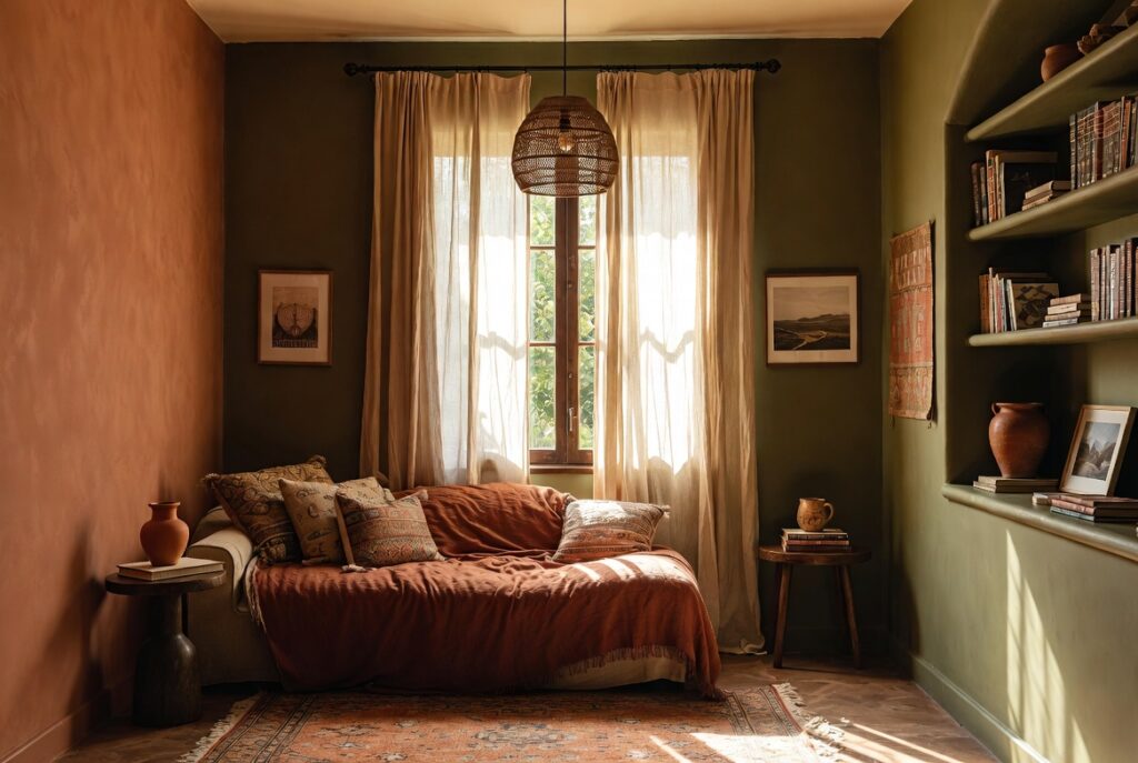 Cozy living room in earthy terracotta olive and clay tones with warm textiles, golden afternoon light