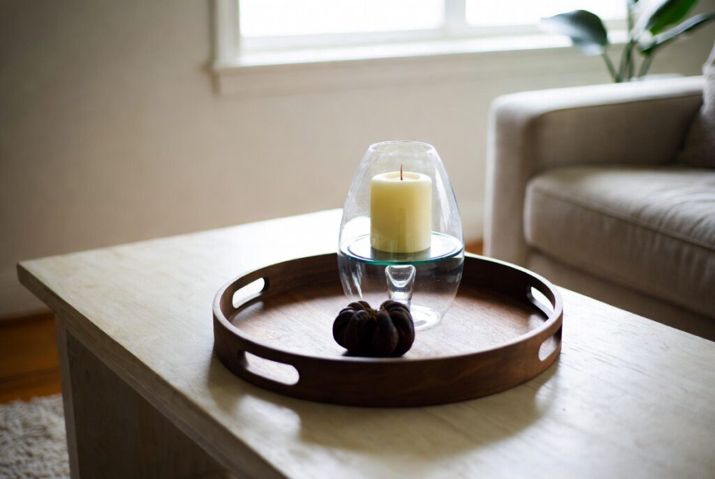 Round wooden tray styling vase, candle and small object on coffee table in bright room, natural light