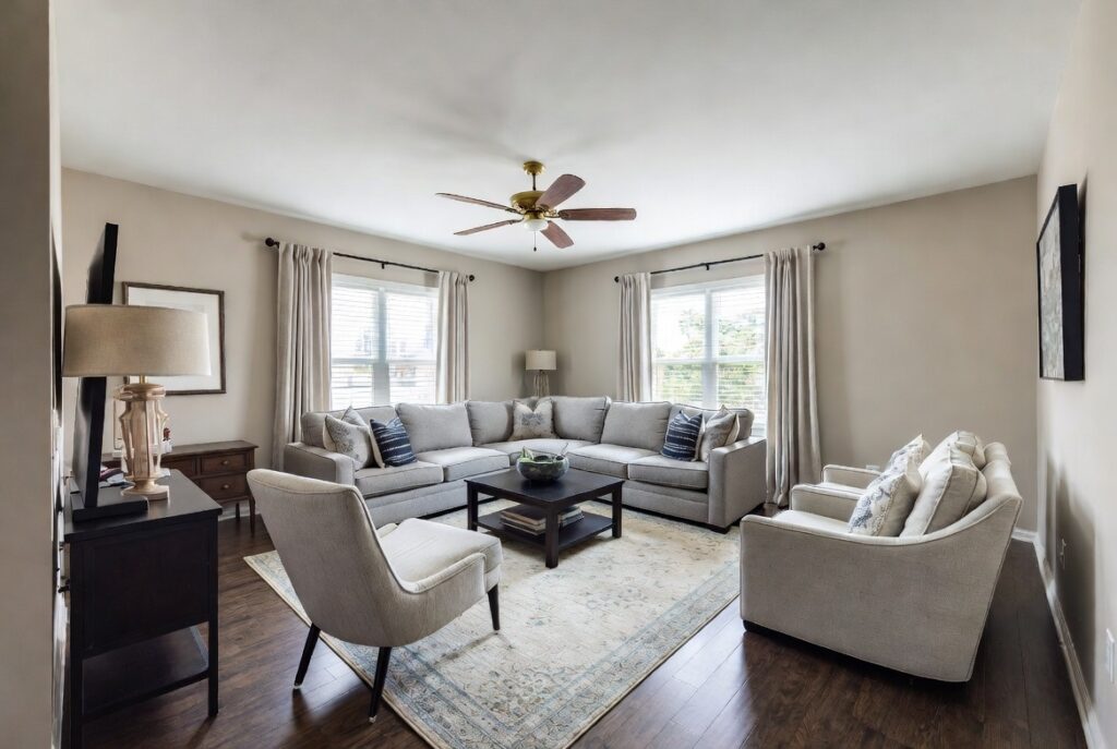 <img data-src="rug-size-mistake-living-room.jpg" alt="The rug size error that shrinks every living room - Common interior design mistake of using a too small area rug that makes the entire space feel tiny cramped and unbalanced. Living room with floating small rug in the center leaving too much exposed floor around furniture making the room look smaller and cheaper. How wrong rug sizing destroys proportions and makes large rooms feel small. Expert tips on choosing the right rug size to make your living room feel bigger more expensive and properly grounded for perfect interior design.">