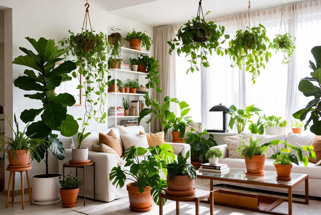 <img data-src="plants-in-living-room.jpg" alt="Why your plants belong in the living room not the windowsill - Beautiful interior design showing lush indoor plants integrated throughout the living room instead of stuck on windowsills. Large floor plants, hanging plants, plants on shelves and coffee tables adding life texture and freshness to modern cozy living room. How styling plants as decor transforms spaces into vibrant healthy homes full of oxygen and natural beauty. Best indoor plant placement ideas for living rooms that create stunning biophilic design and improve ambiance.">