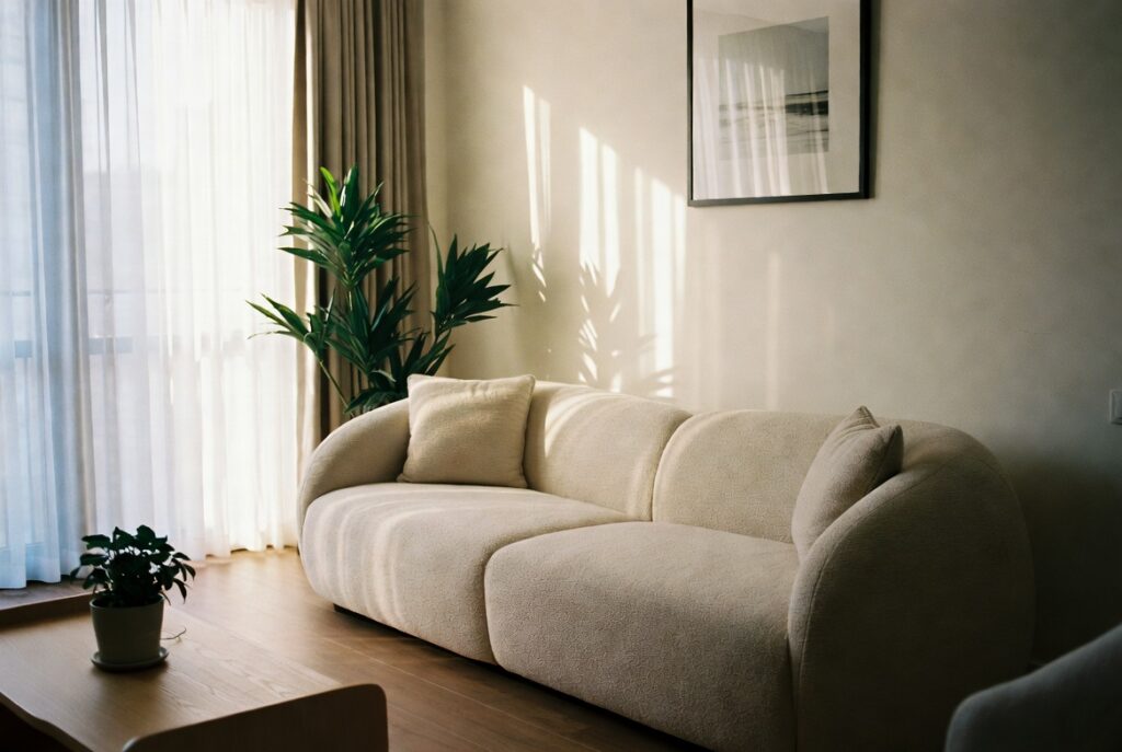 Soft curved beige sofa with rounded sculptural forms in warm modern living room, natural window light