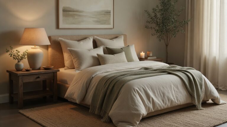 Serene restful bedroom with layered bedding soft lighting calm colors and natural textures