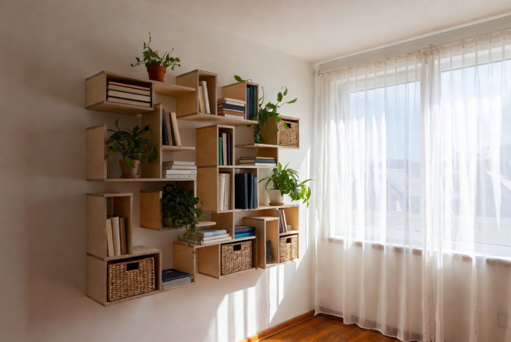 Wall-mounted floating shelves in bright living room with books, plants and baskets, natural light, organized home decor