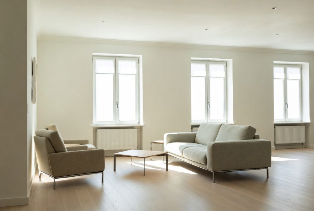 "Furniture with visible legs to make small living room feel bigger - Raised sofa coffee table and chairs with slim legs creating open airy space and lightness"