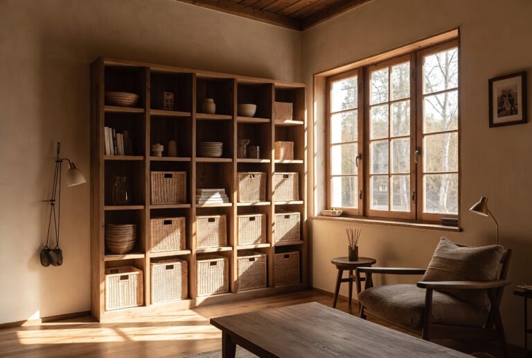 Beautifully organized living room with natural wood shelves woven baskets and warm neutral tones