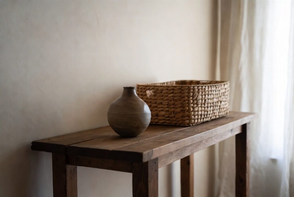 Handmade ceramic vase and woven basket styled on wooden console in warm room, soft natural light, candid shot