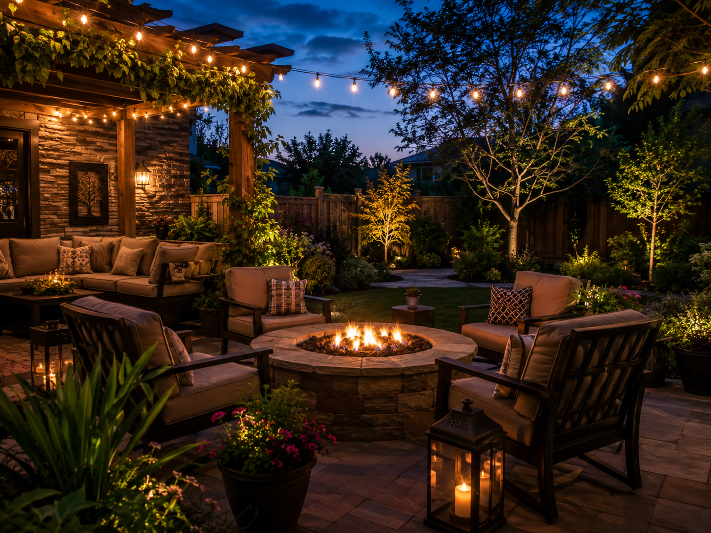 Cozy backyard patio with string lights fire pit and lush greenery at dusk