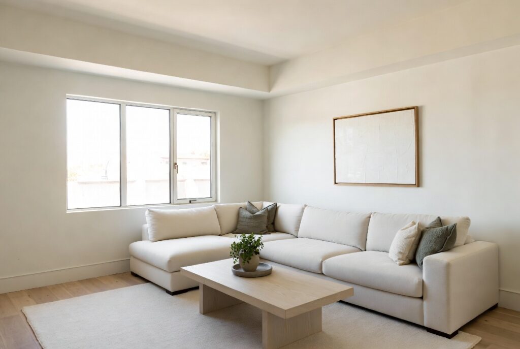 "Keep color palette simple and consistent in small living room - Neutral off-white beige and light tones creating cohesive spacious and calming interior design"
