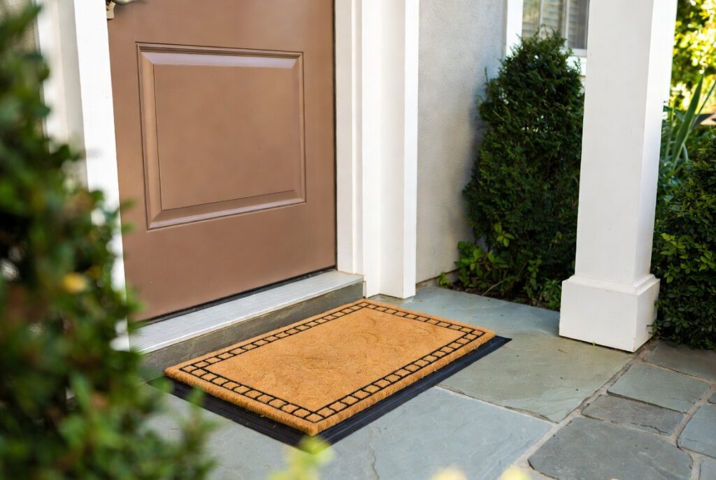 Clean natural fiber doormat complementing front door color at entrance