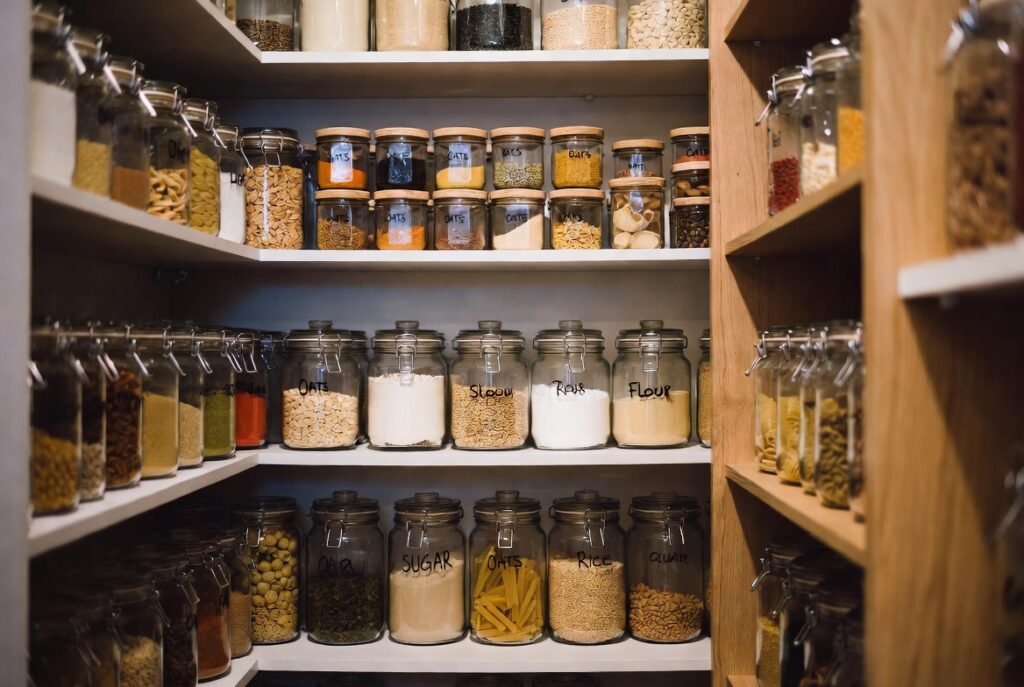 Beautifully organized pantry with matching labeled glass jars on shelves and grouped categories, warm kitchen light