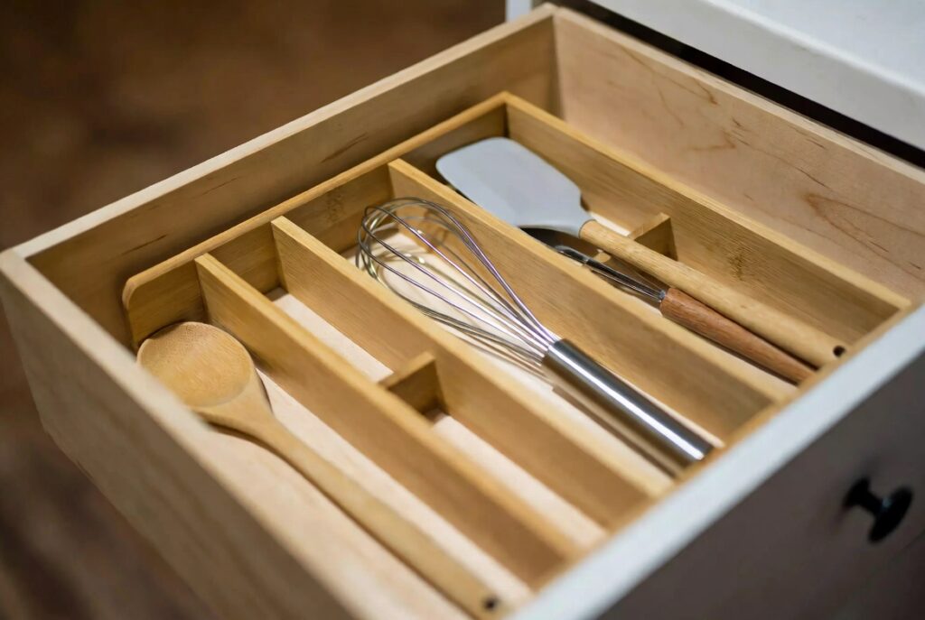 Close-up open kitchen drawer with bamboo dividers neatly organizing utensils by category, natural daylight
