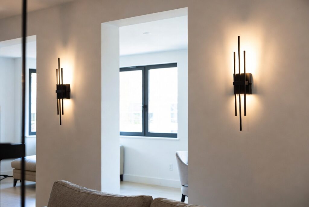 "Use wall sconces instead of floor lamps in small living room to save space - Modern wall lighting creating clean open airy feel with more floor space and elegant ambient light"