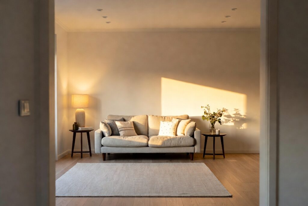 Calm minimal living room after declutter with open space, warm light and meaningful objects, natural candid style