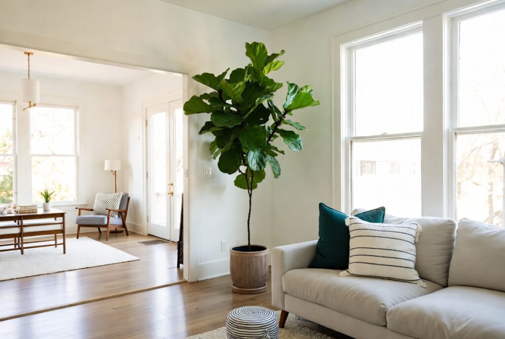 "Add one statement plant in small living room to make space feel bigger - Tall lush fiddle leaf fig tree as focal point creating fresh airy and spacious modern interior"
