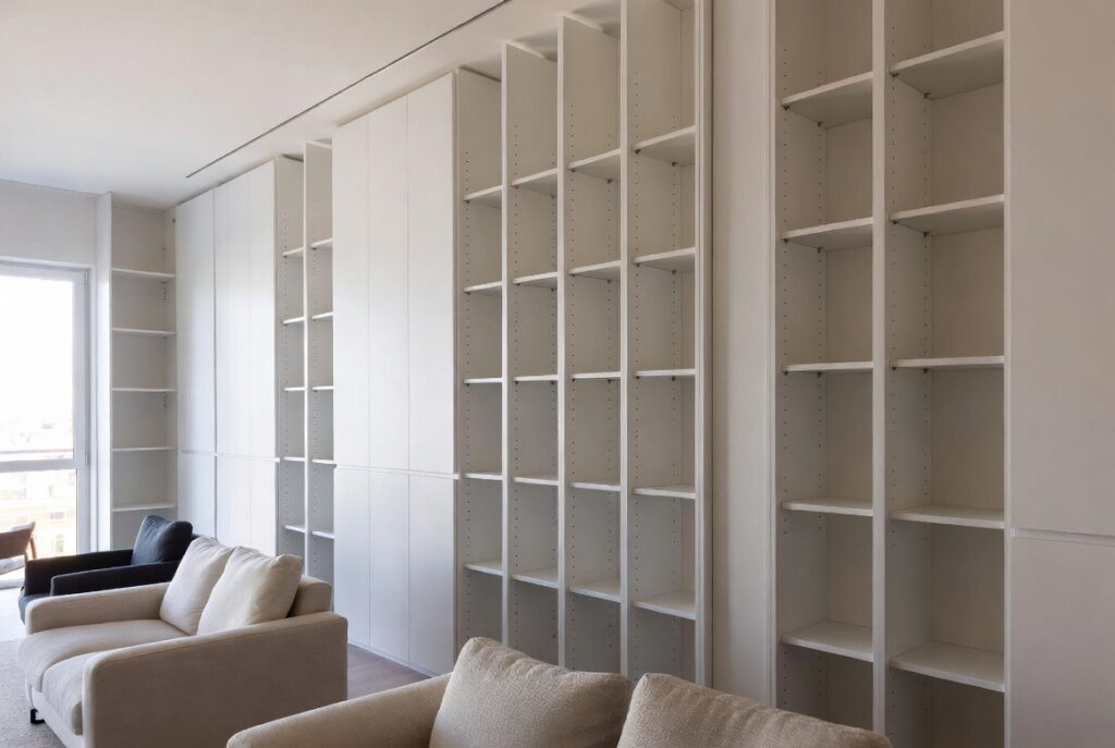 "Go vertical with tall floor-to-ceiling shelving to make small room feel bigger and taller - Slim tall bookshelves in bright modern living room maximizing space and height"