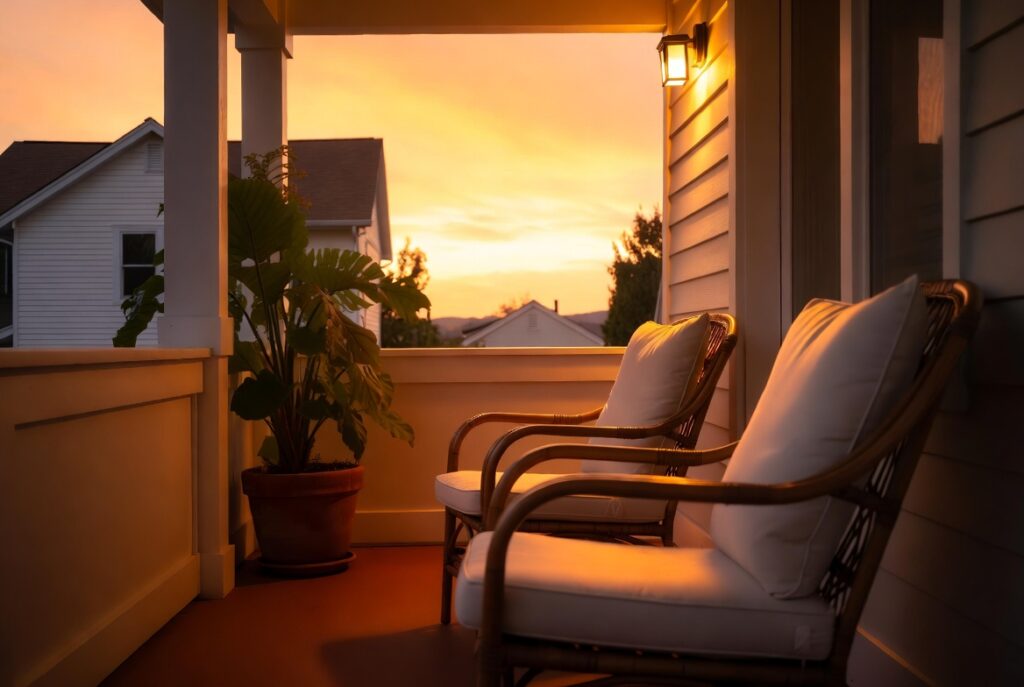 Welcoming front porch with rattan chairs, large potted plant, warm golden hour lighting, modern cozy home entrance