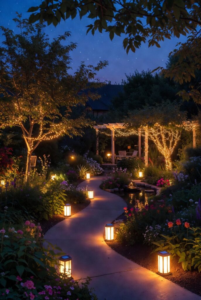 <img data-src="garden-lighting-sunset.jpg" alt="Garden lighting that works after sunset - Beautiful evening garden illuminated with effective outdoor lighting solutions. Solar powered pathway lights, string fairy lights, spotlights on plants and water features creating magical nighttime ambiance. Low maintenance garden lights for safety beauty and enjoyment after dark. Transform your backyard into a stunning illuminated oasis with easy DIY garden lighting ideas that work perfectly after sunset without electricity hassles. Best solar and LED garden lighting for dramatic night garden design.">