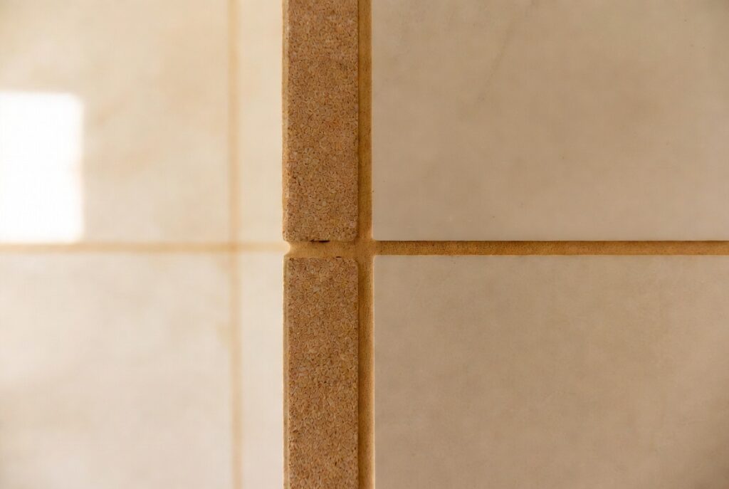 Close-up bathroom tile with warm sand-toned grout lines between large format cream tiles, natural light, sharp detail