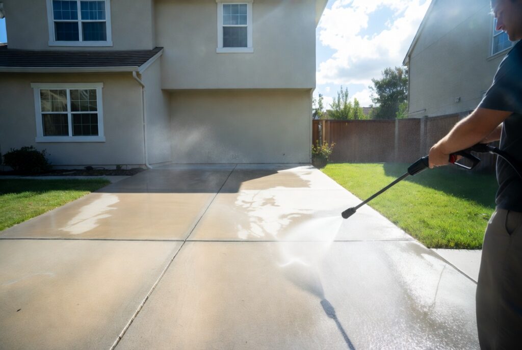 Person pressure washing clean concrete driveway next to well-maintained home exterior, bright daylight, home maintenance