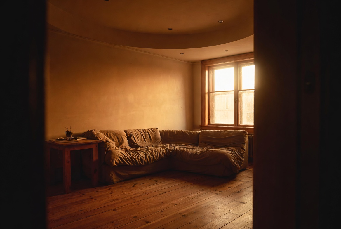 Warm inviting living room with curved sofa natural wood textures and soft golden lighting